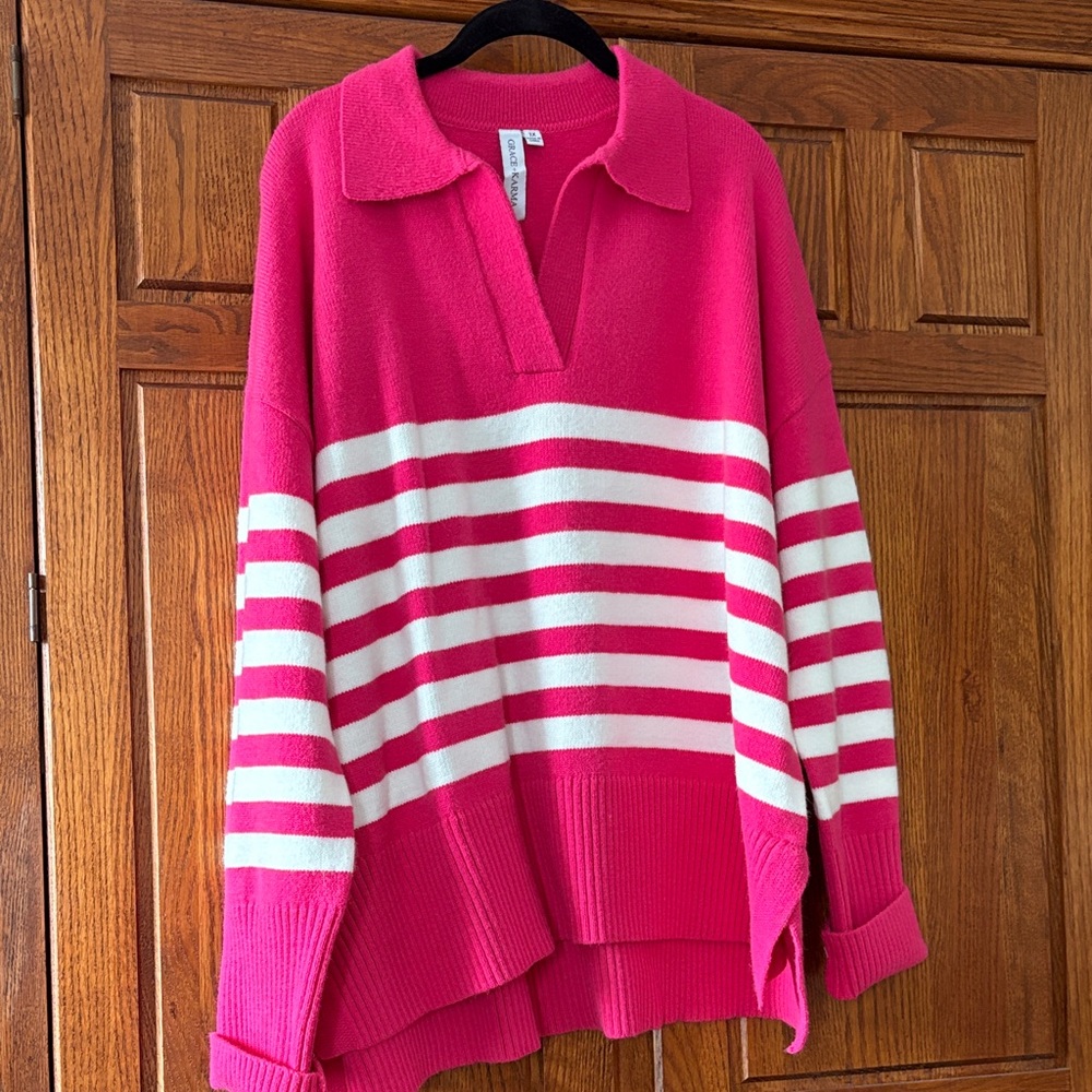 Grace & Karma Pink and White Striped Sweater 1X